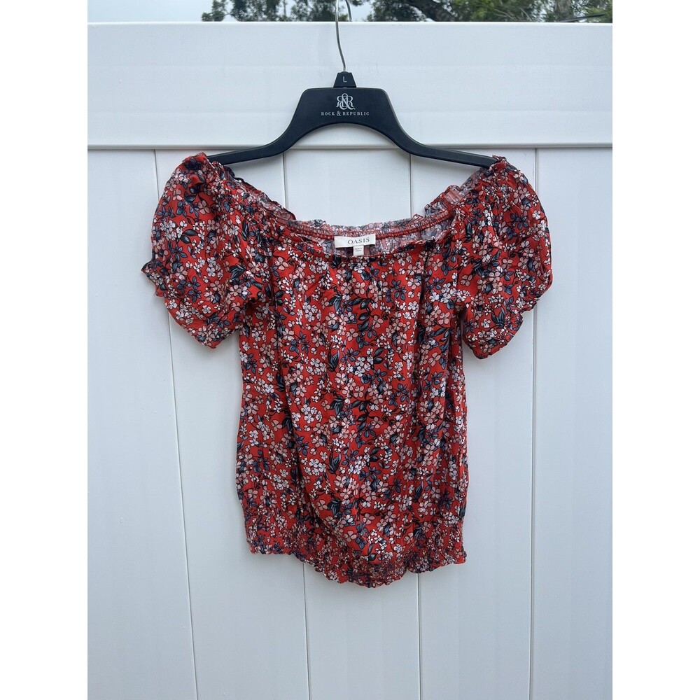 Oasis Womens Off the Shoulder Top Floral Short Sleeve Boho Red Sz 8
